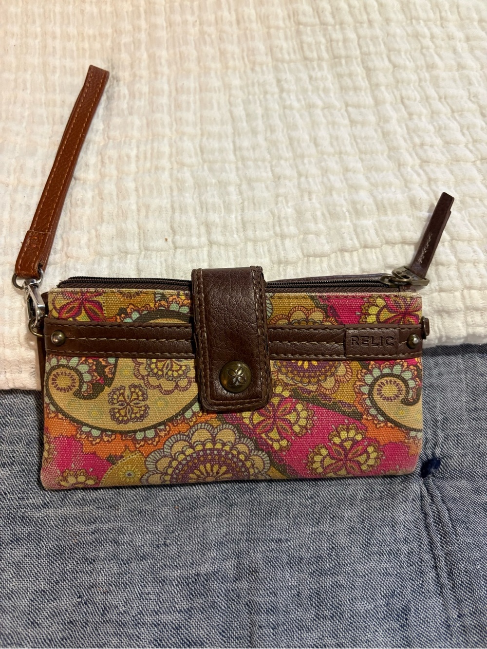 Relic Pink Floral Paisley Wristlet with Brown Trim